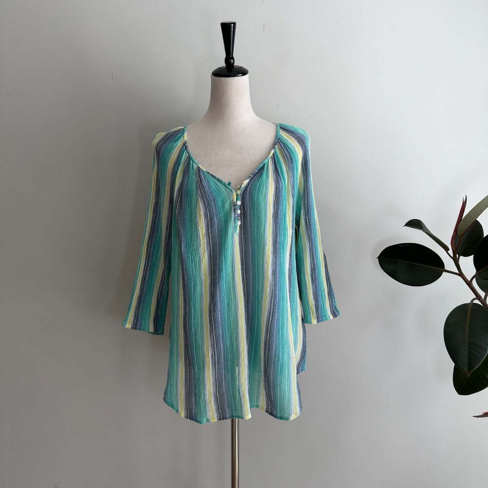 Chaps Denim Striped 3/4 Sleeve V-Neck Gauzy Blouse Top